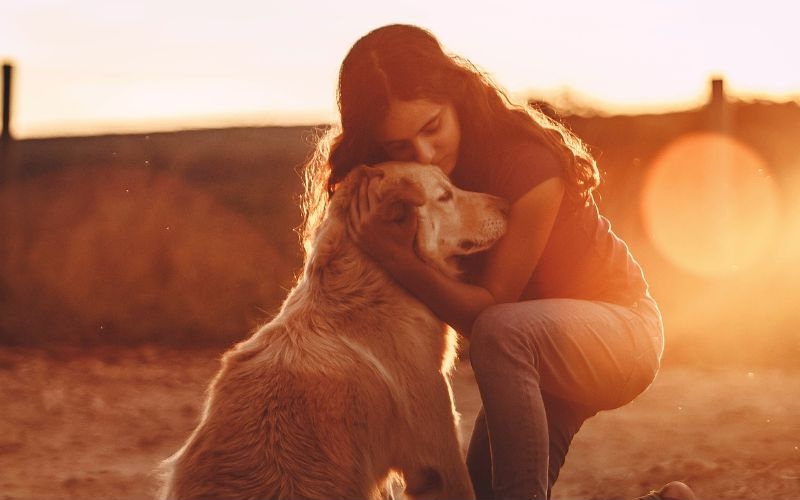 woman and dog sitting at sunset